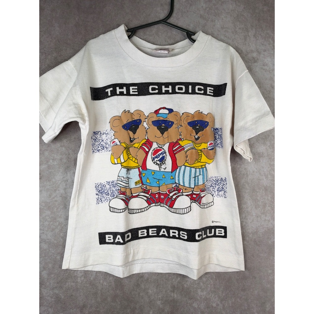 VTG 80s Pepsi T-Shirt Kids Medium 10/12 White Bad Bears Club Single Stitch 3D